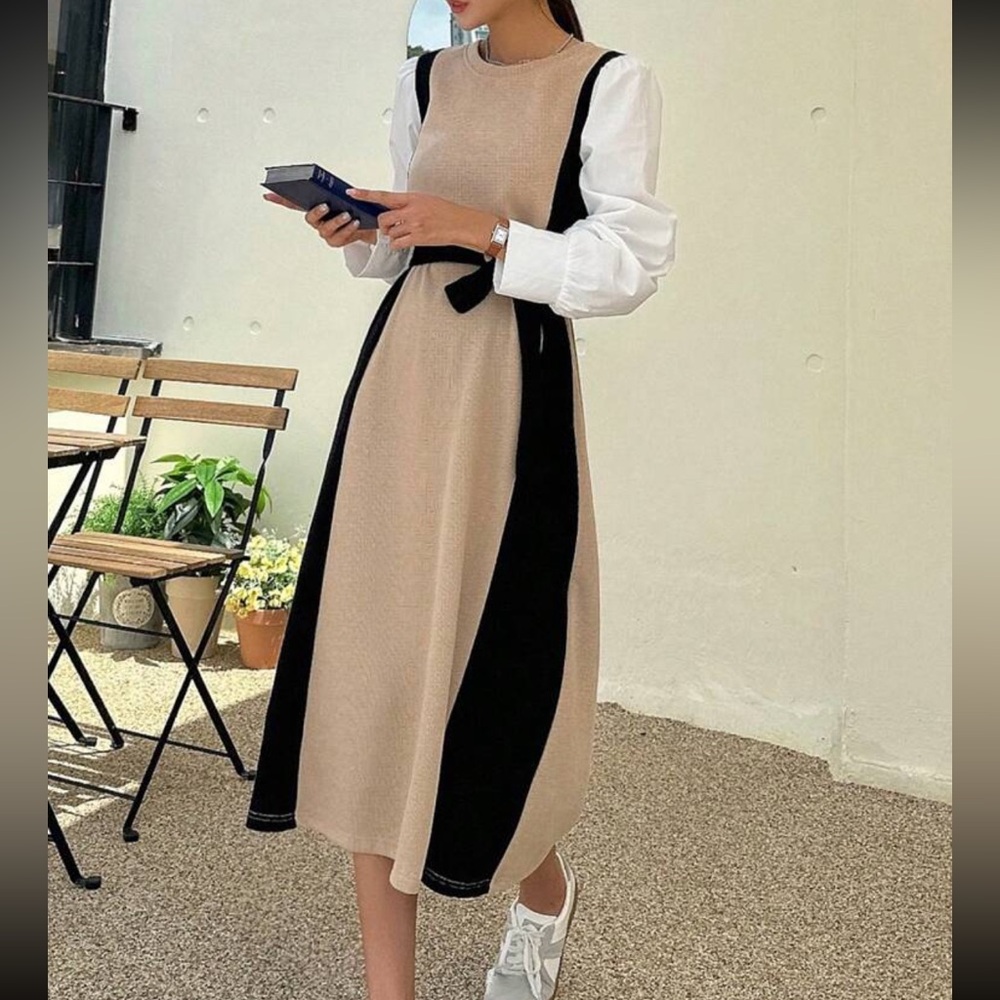 Beige and Black Belted Dress